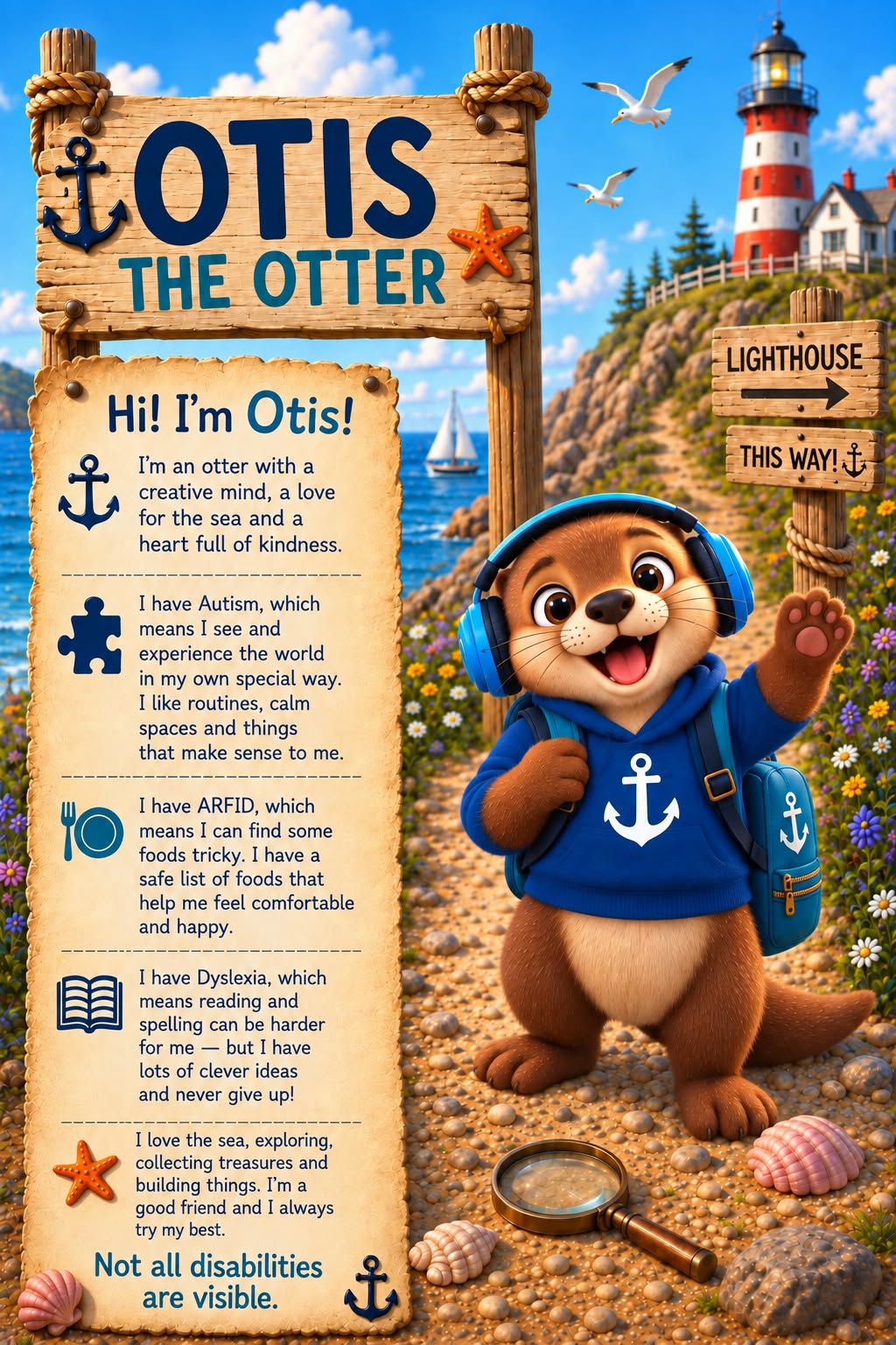Otis the Otter wearing headphones.