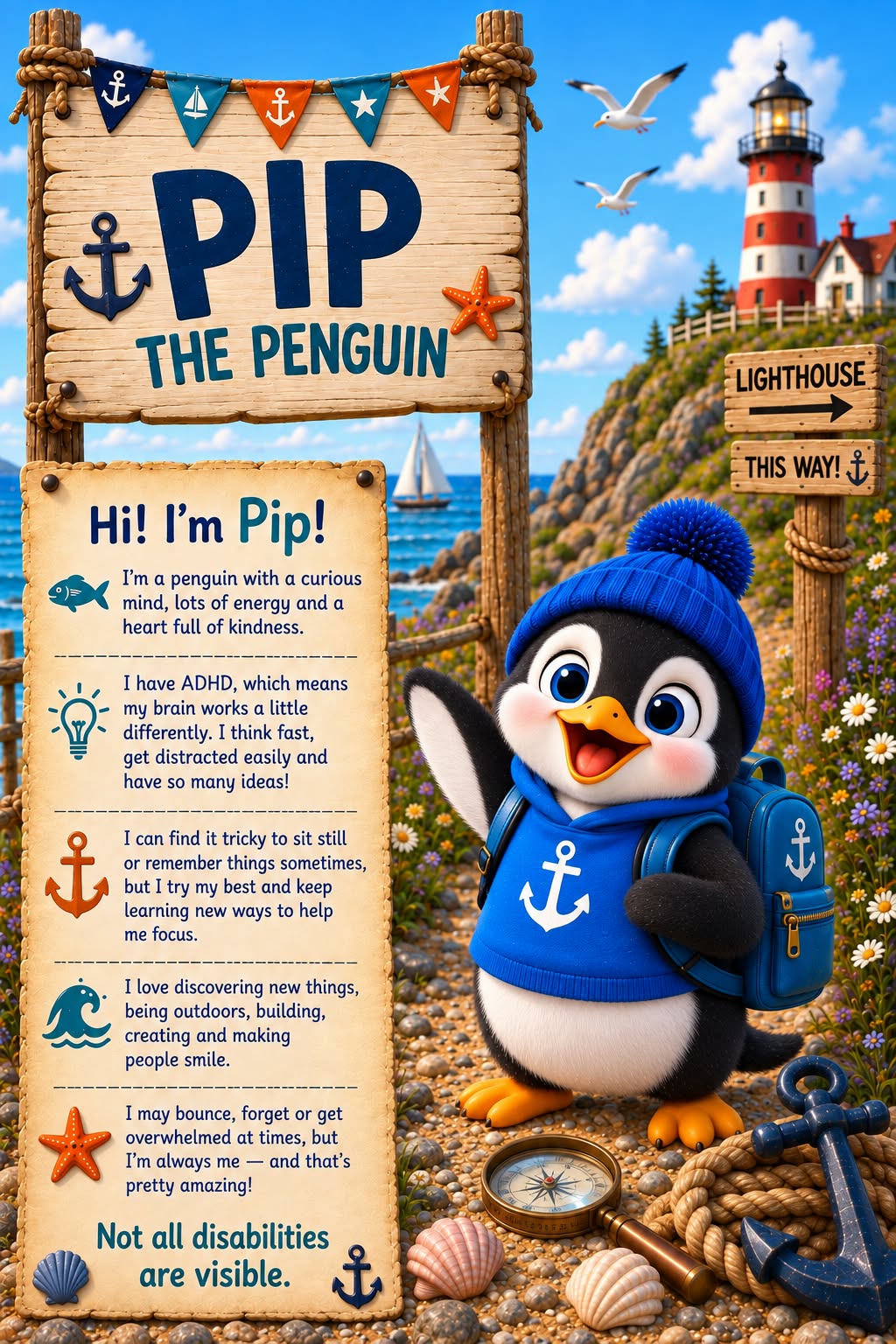 Pip the Penguin standing in a hat and scarf.