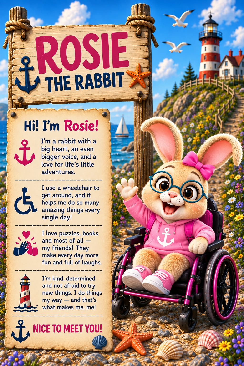 Rosie the Rabbit waving from her wheelchair.
